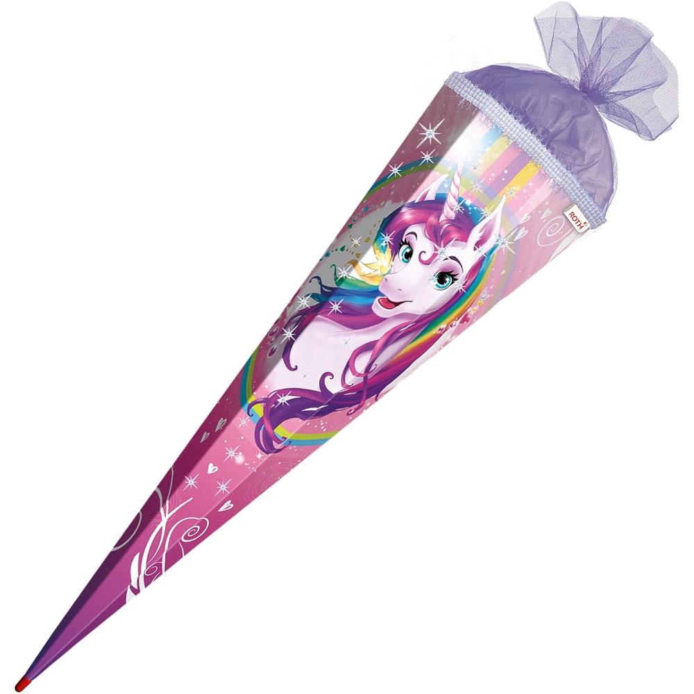 Roth Schultüte Einhornportrait mit Glitter, 85cm, eckig, mit Rot(h)-Spitze und lila Tüllverschluss