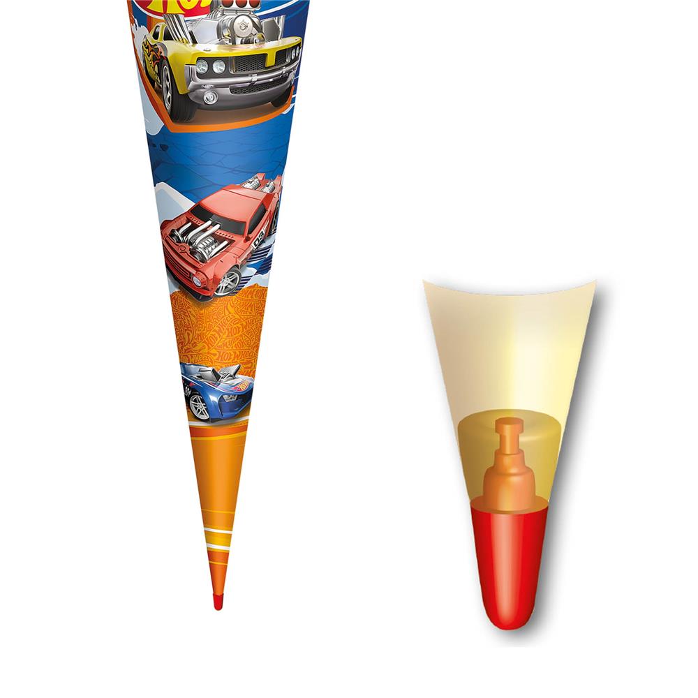 Roth Schultüte Hot Wheels, 70cm, rund, mit Rot(h)-Spitze und orangefarbigem Filzverschluss