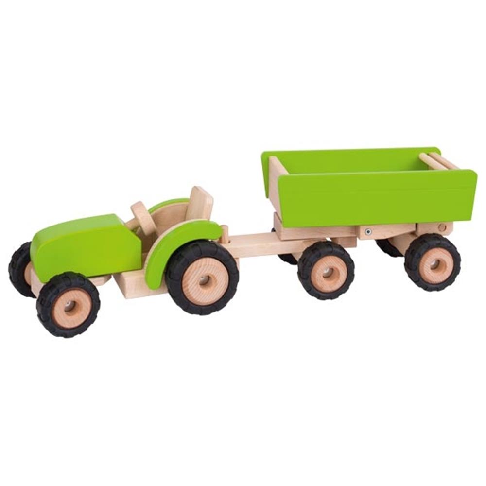 Goki Bauernhoffahrzeug aus Holz - Traktor mit Anhänger, grün