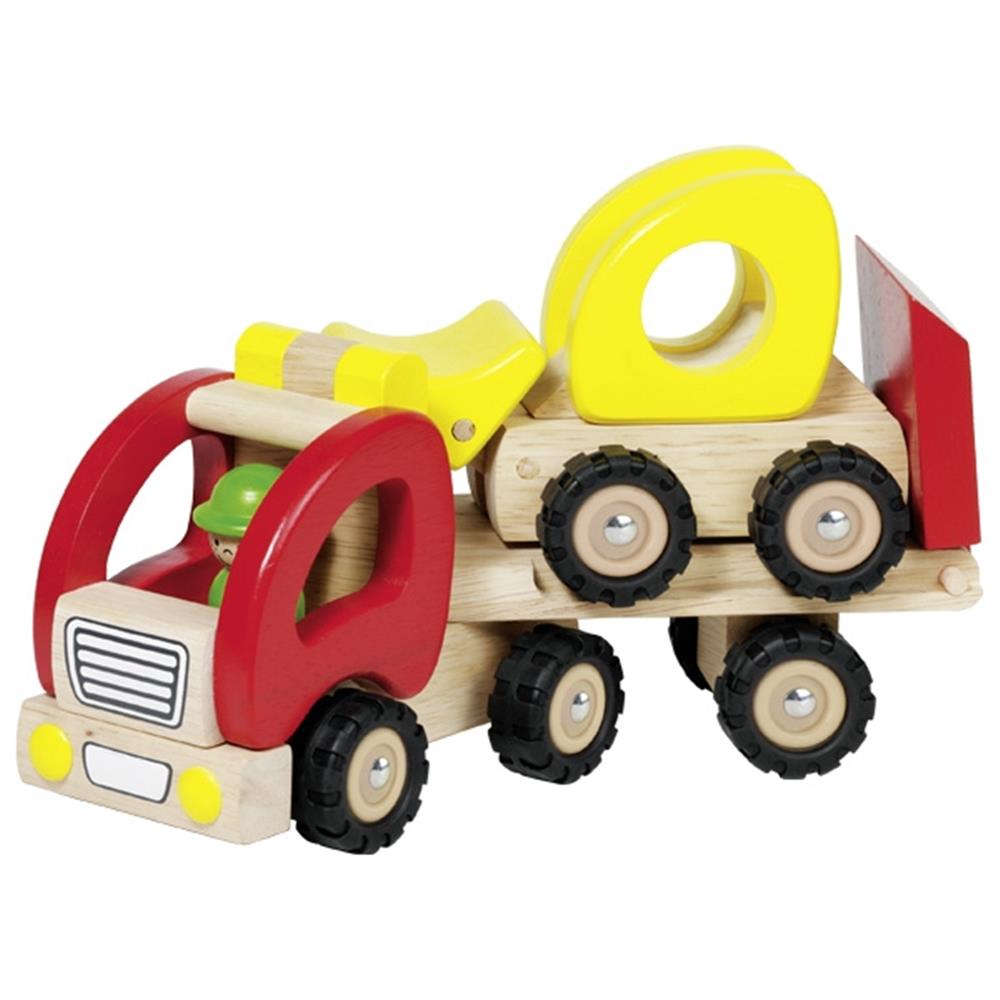Goki Bauernhoffahrzeug aus Holz - Tieflader mit Radlader