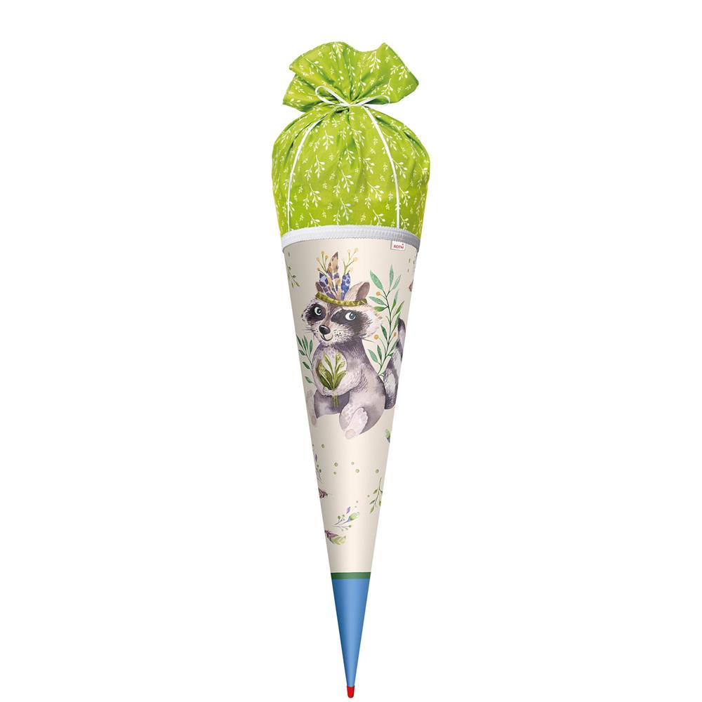Roth Schultüte Lieblingsstück Willi Waschbär, 70cm, rund, mit Rot(h)-Spitze und grünem Stoff