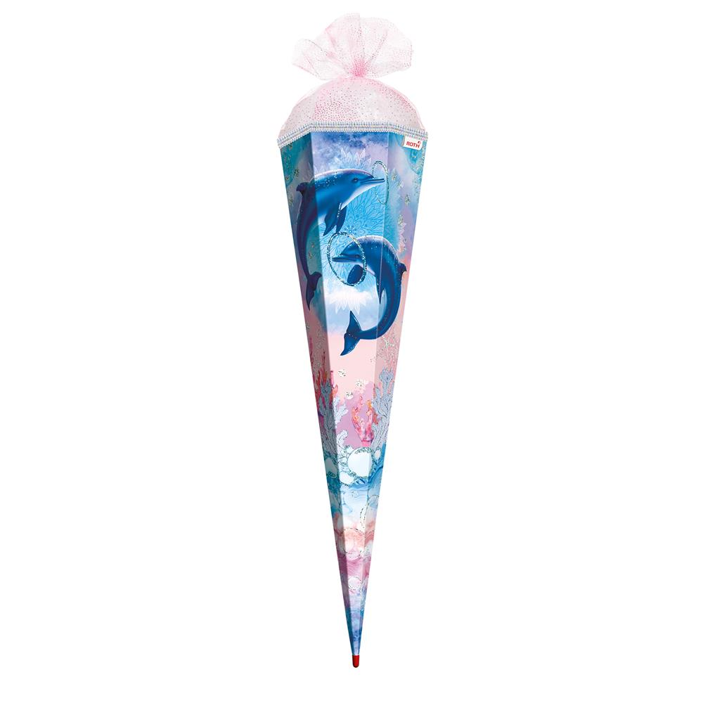 Roth Schultüte Delfine, 85cm, eckig, Rot(h)-Spitze, Tüllverschluss, Glitter, Glitzerborte