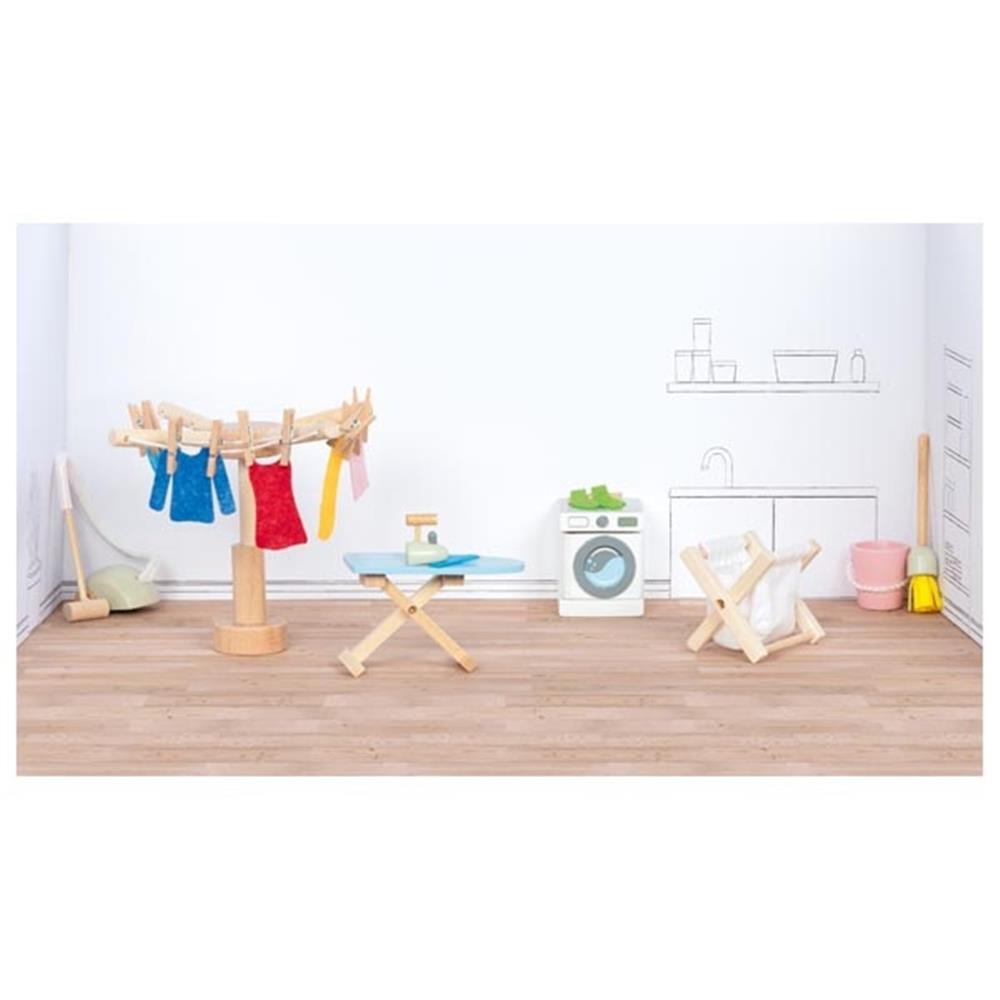 Goki Accessoires Waschküche, 29-teiliges Puppenhauszubehör aus Holz
