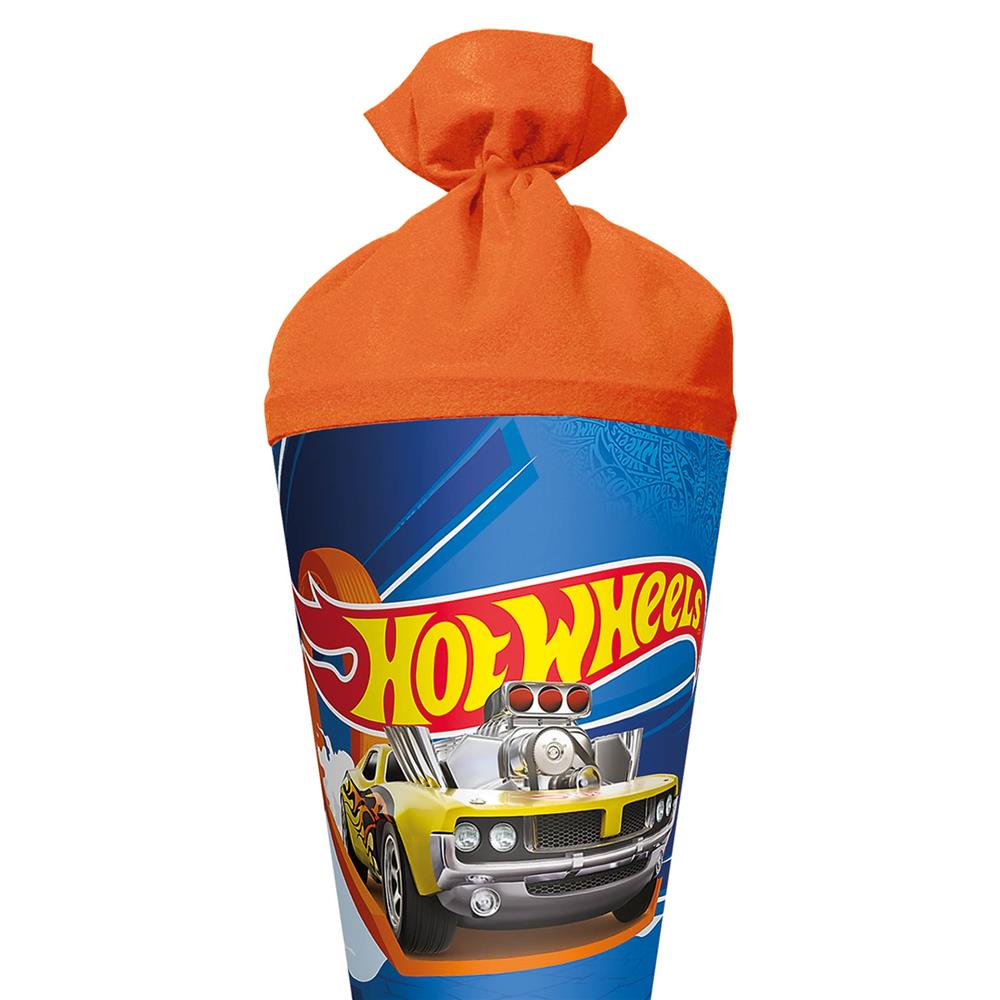 Roth Schultüte Hot Wheels, 70cm, rund, mit Rot(h)-Spitze und orangefarbigem Filzverschluss