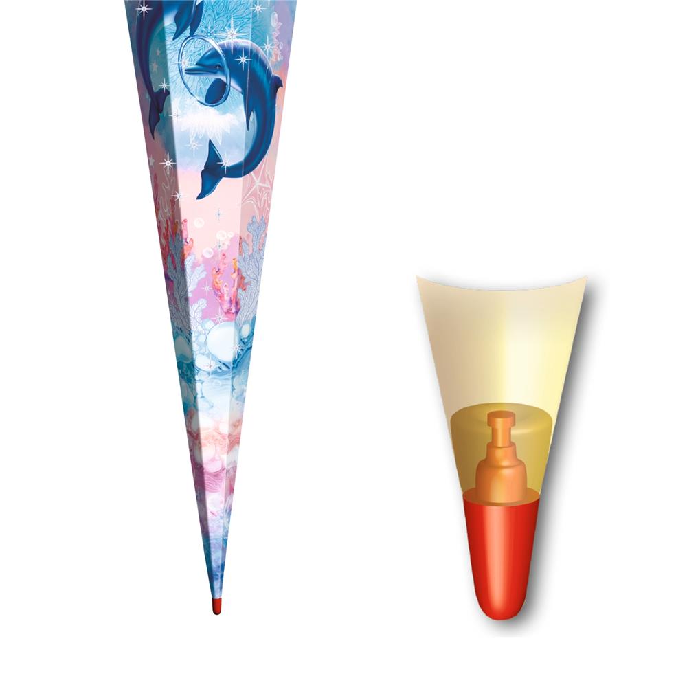 Roth Schultüte Delfine, 85cm, eckig, Rot(h)-Spitze, Tüllverschluss, Glitter, Glitzerborte