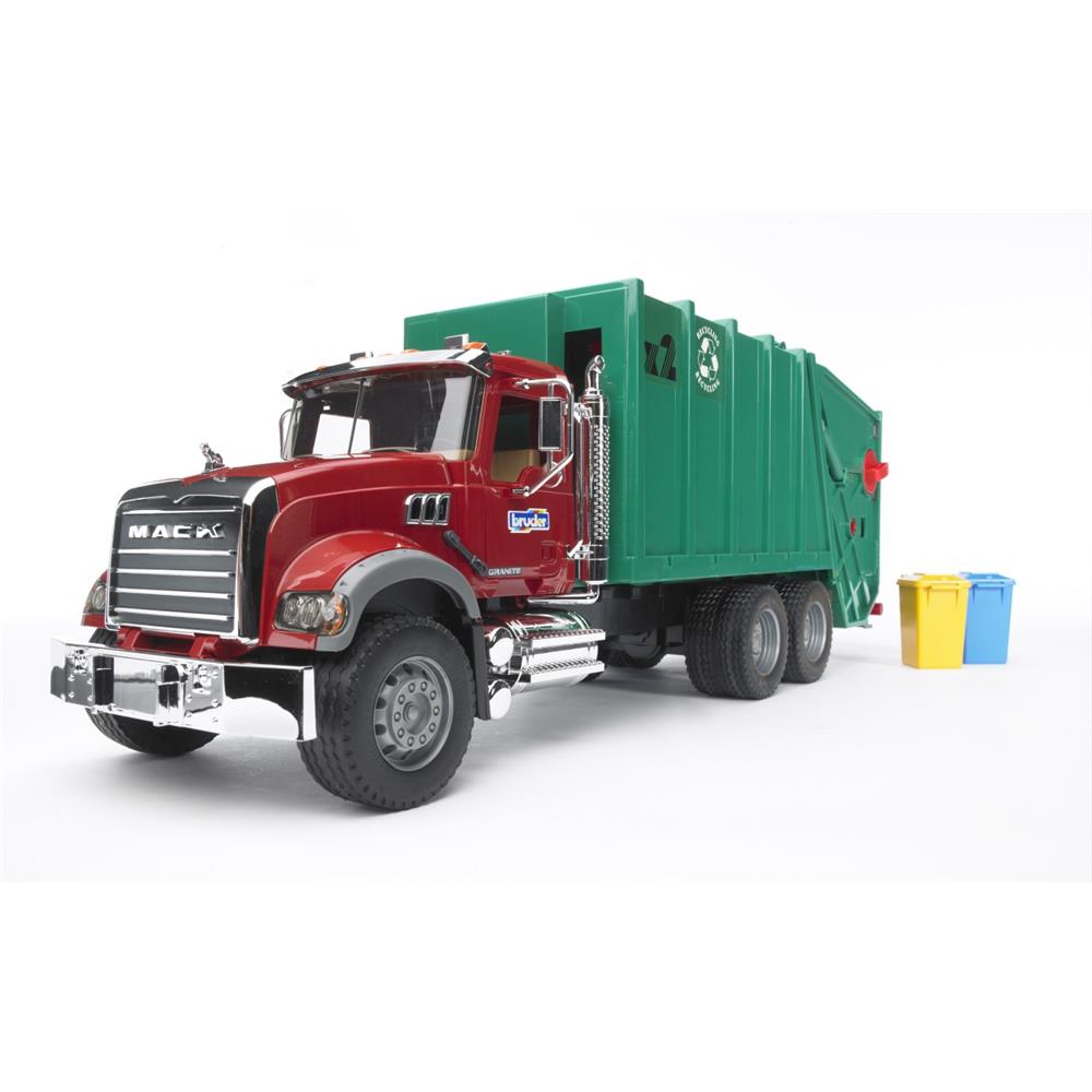 Bruder 02812 - MACK Granite Müll-LKW, 1:16, Müllauto mit Mülltonnen
