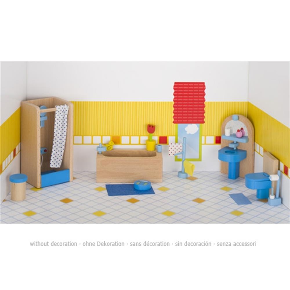 Goki Puppenmöbel Badezimmer, 17-teiliges Puppenhauszubehör aus Holz