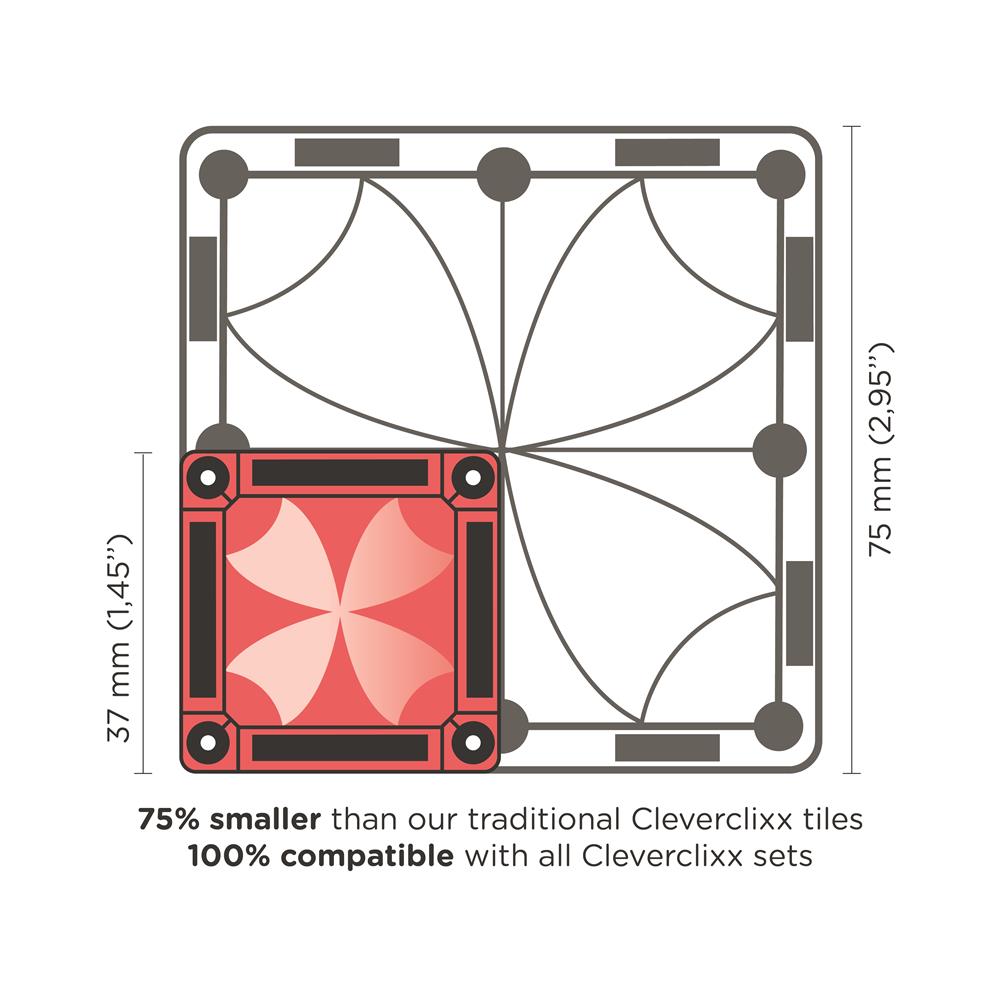 Cleverclixx Mini Tiles Pack Knallfarben 28 Teile, kompaktes Design für unterwegs ToGo, inklusive Aufbewahrungsbox, Magnetspielzeug