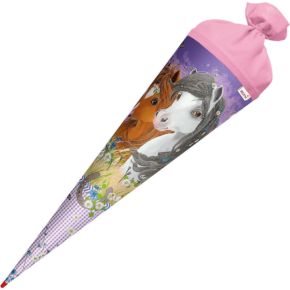 Roth Schultüte Blumenpferde, 70cm, rund, Rot(h)-Spitze, Filzverschluss, Glitter