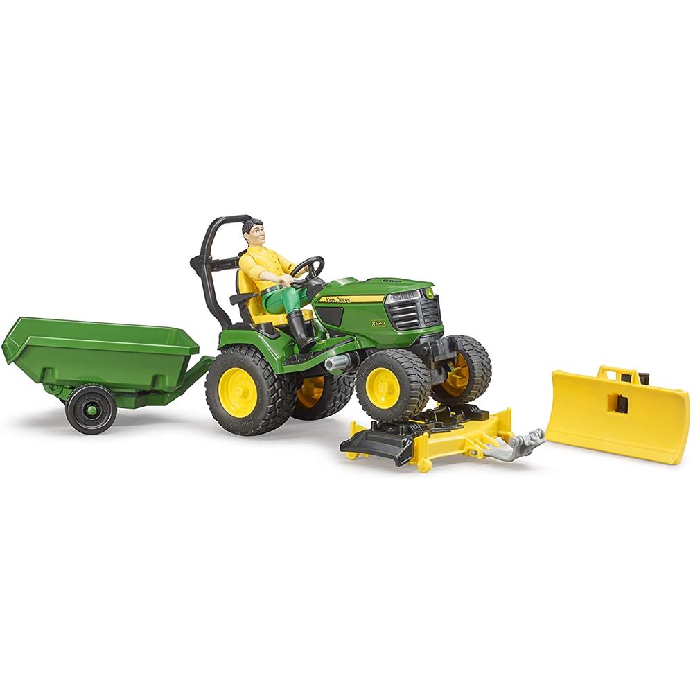 Bruder 62104 - bworld John Deere Aufsitzrasenmäher mit Anhänger und Gärtner