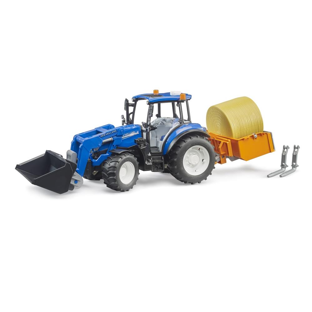 Bruder 02187 - New Holland T5.120 mit Frontlader, Ladekasten, Gabeln und Rundballen, 1:16, Traktor