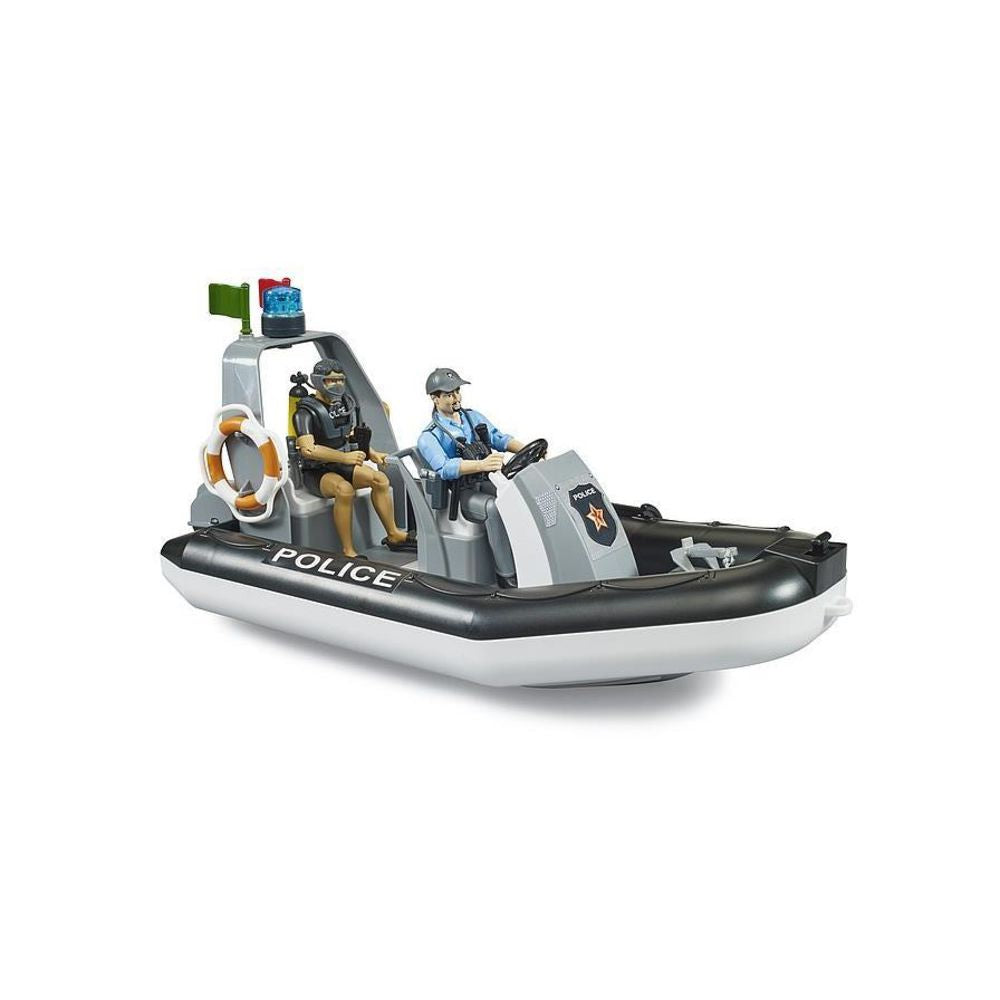Bruder 62733 - bworld Polizei Schlauchboot mit Rundumleuchte, 2 Figuren und Zubehör