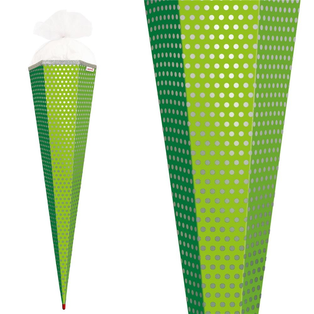 Roth Schultüte-Rohling/Basteltüte, grün mit Punkten, Folie, 85cm, eckig, Rot(h)-Spitze, mit Tüllverschluss (weiß)