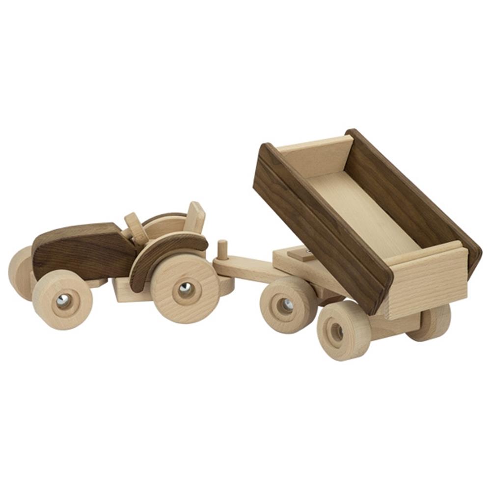 Goki Bauernhoffahrzeug aus Holz - Traktor mit Anhänger, braun