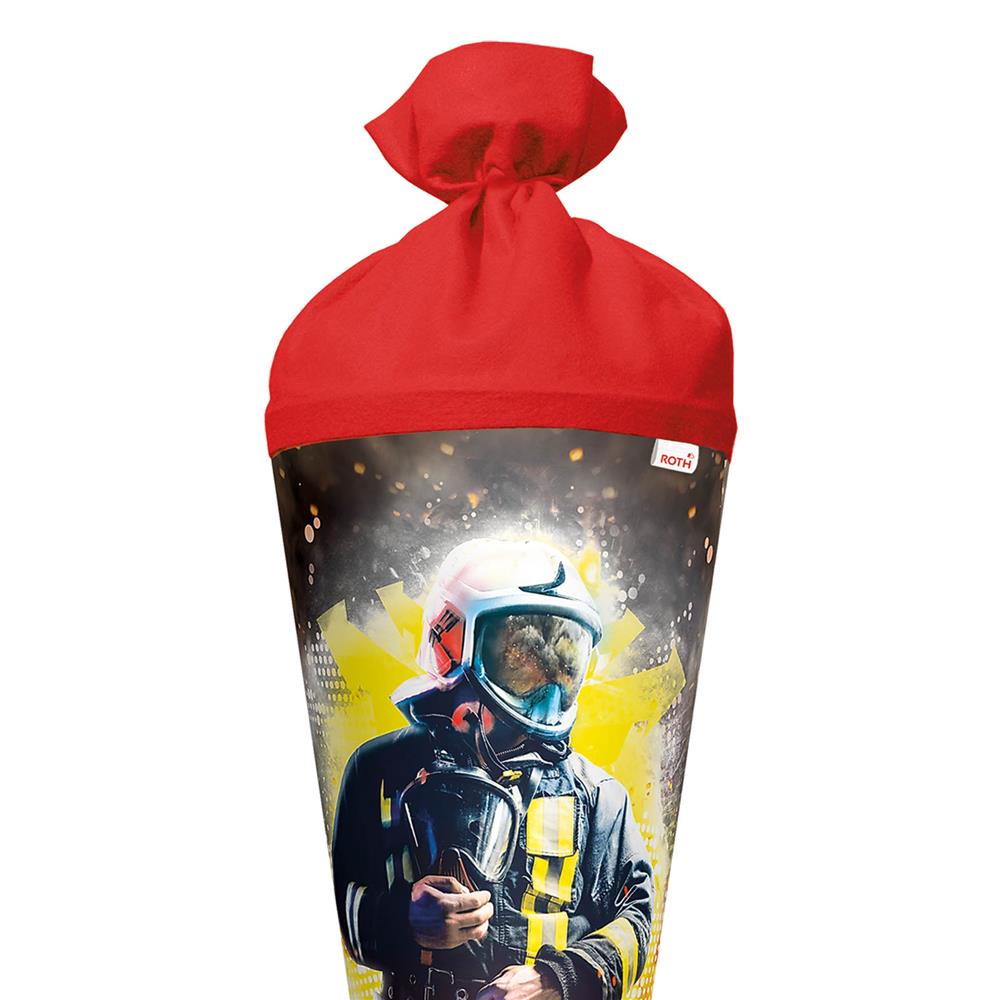 Roth Schultüte Feuerwehrmann, 70cm, rund, mit Rot(h)-Spitze und rotem Filzverschluss
