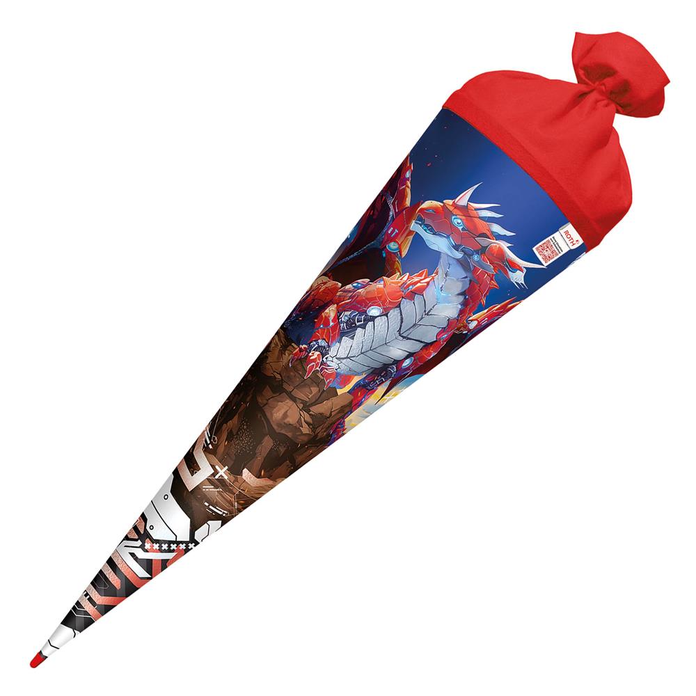 Roth Schultüte Robo Drache, 70cm, rund, Rot(h)-Spitze, Filzverschluss, Folieneffekt
