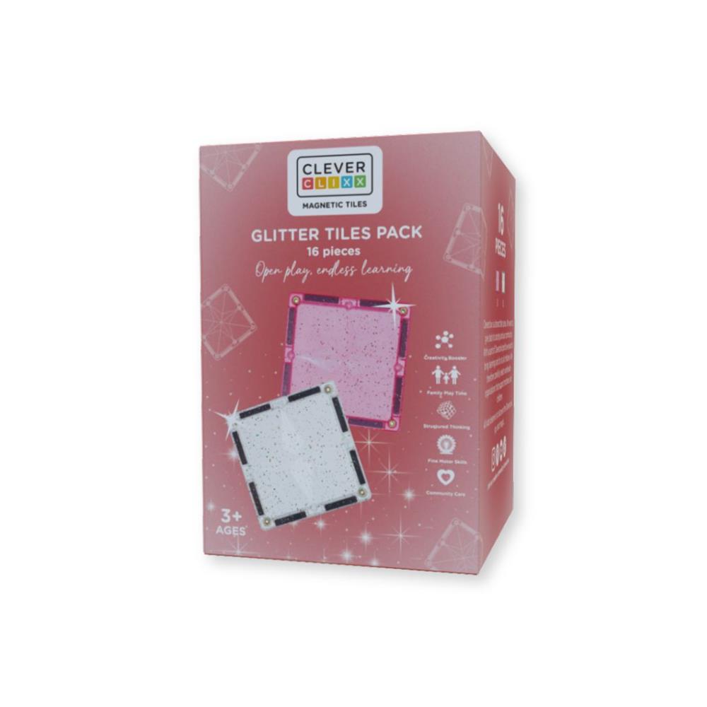Cleverclixx Glitter Tiles Pack Transparent Rosa 16 Teile, magnetische Glitzer Bausteine, erweiterbare Sets