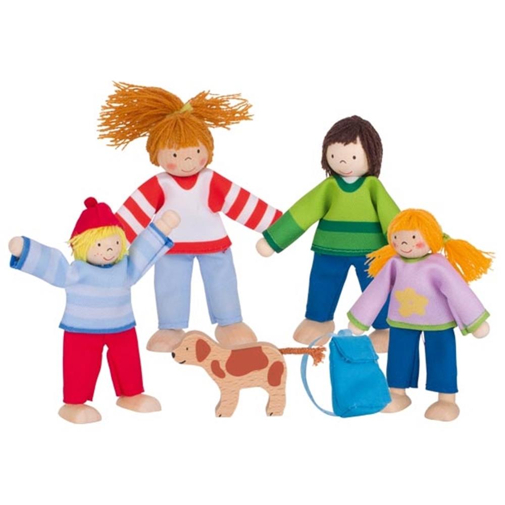 Goki Biegepuppen Camping-Familie, 4 Puppen und 1 Hund