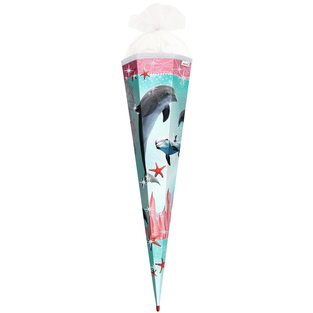 Roth Schultüte Delfin mit Seesternen, 85cm, eckig, Rot(h)-Spitze, Tüllverschluss, Glitter, Glitzerborte