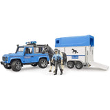Bruder 02588 - Land Rover Defender Polizeifahrzeug, Pferdeanhänger, Pferd und Polizist
