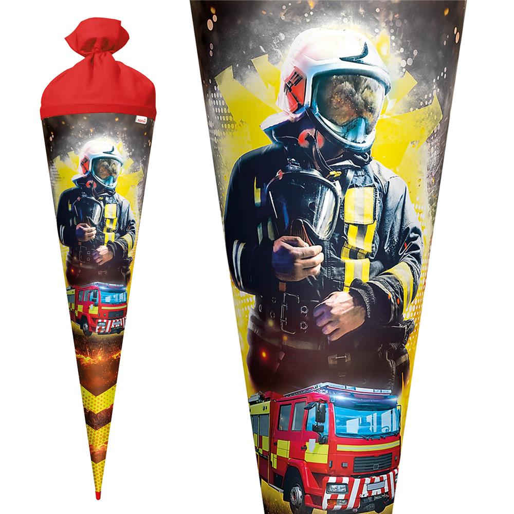Roth Schultüte Feuerwehrmann, 70cm, rund, mit Rot(h)-Spitze und rotem Filzverschluss