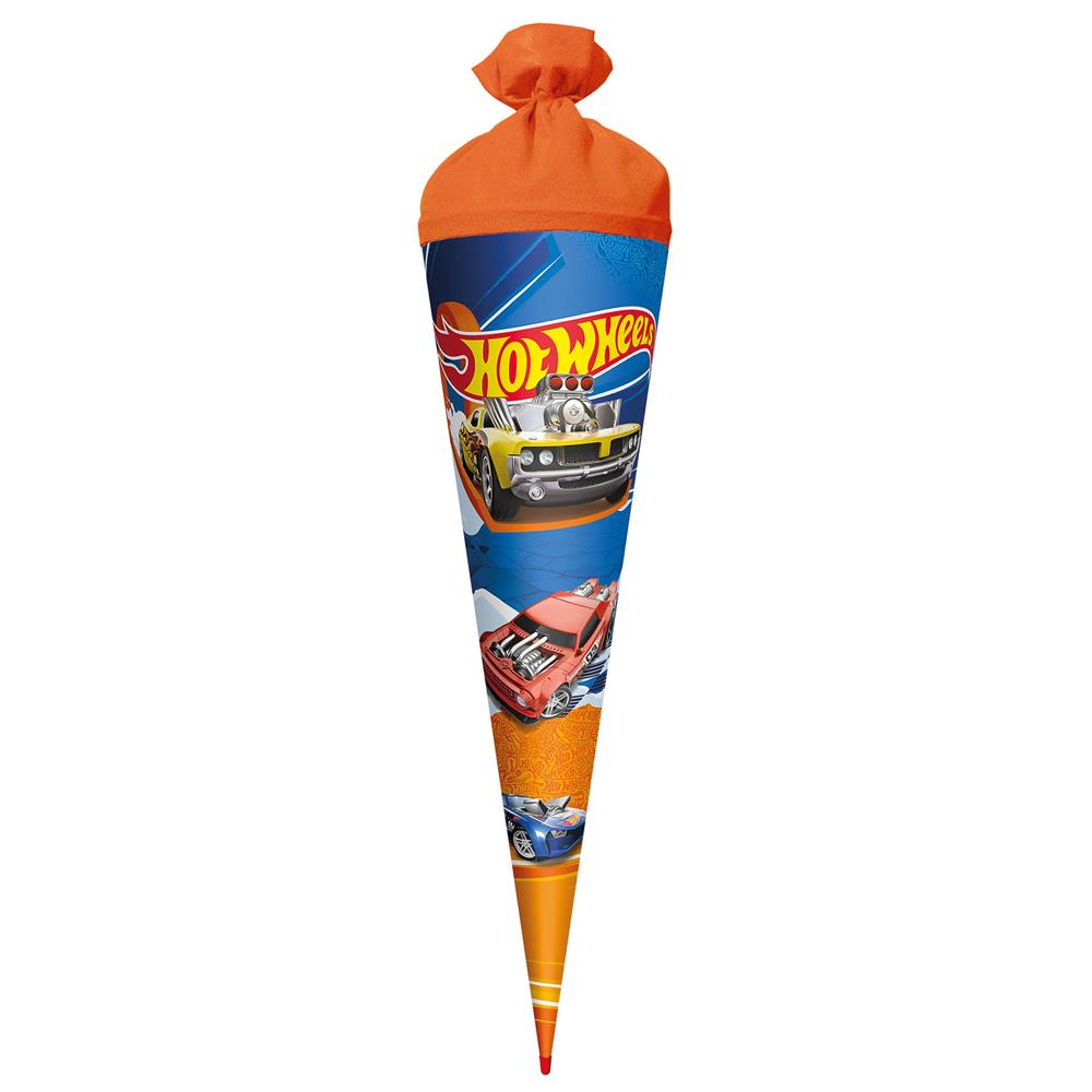 Roth Schultüte Hot Wheels, 70cm, rund, mit Rot(h)-Spitze und orangefarbigem Filzverschluss
