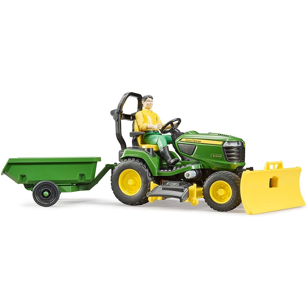 Bruder 62104 - bworld John Deere Aufsitzrasenmäher mit Anhänger und Gärtner