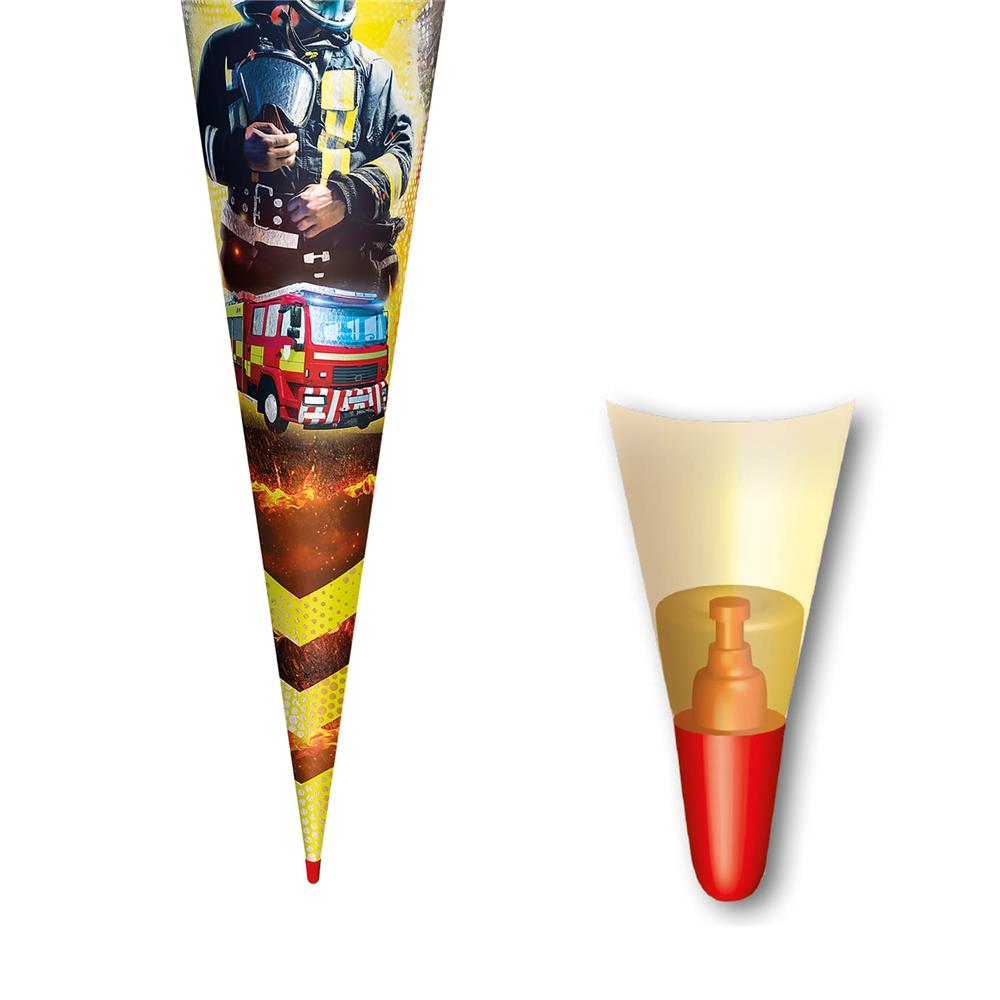 Roth Schultüte Feuerwehrmann mit Folieneffekt, 70cm, rund, mit Rot(h)-Spitze und rotem Filz