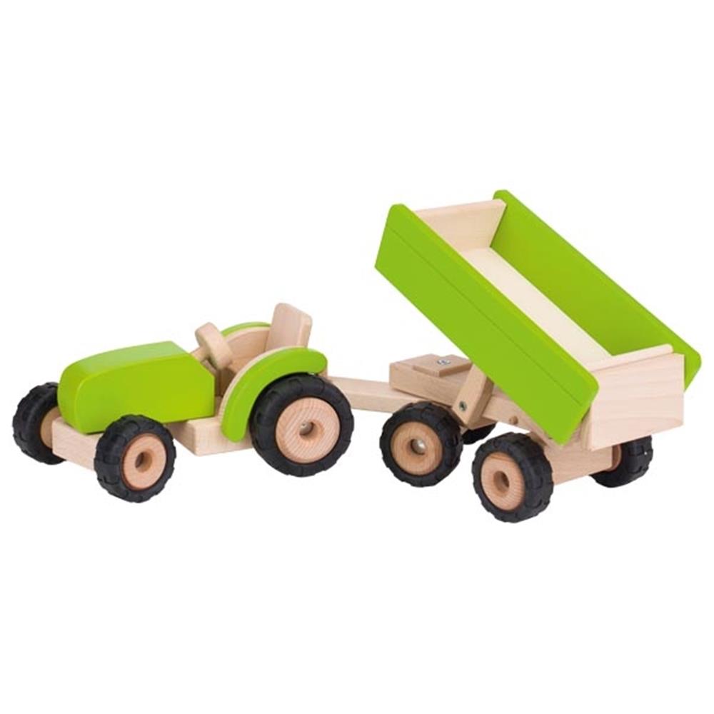 Goki Bauernhoffahrzeug aus Holz - Traktor mit Anhänger, grün