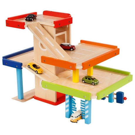 goki Parkhaus mit Tanksäulen und Waschanlage, Holzspielzeug