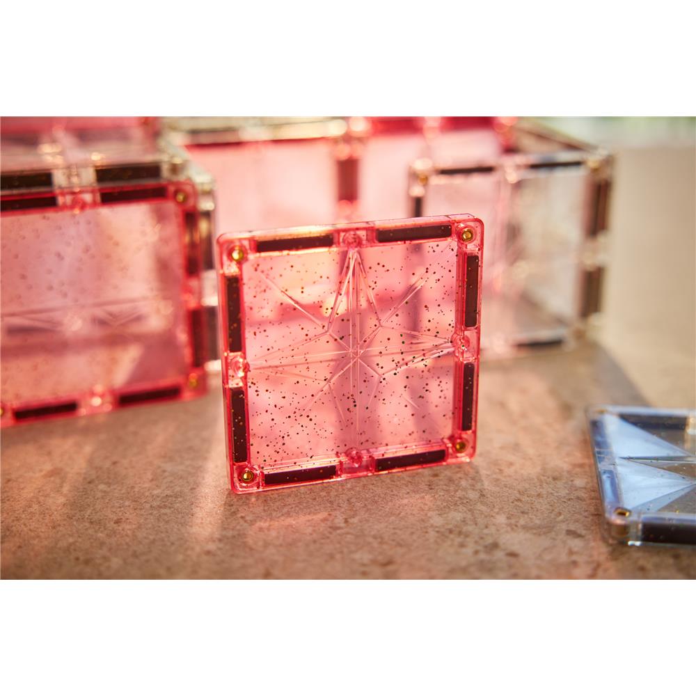 Cleverclixx Glitter Tiles Pack Transparent Rosa 16 Teile, magnetische Glitzer Bausteine, erweiterbare Sets