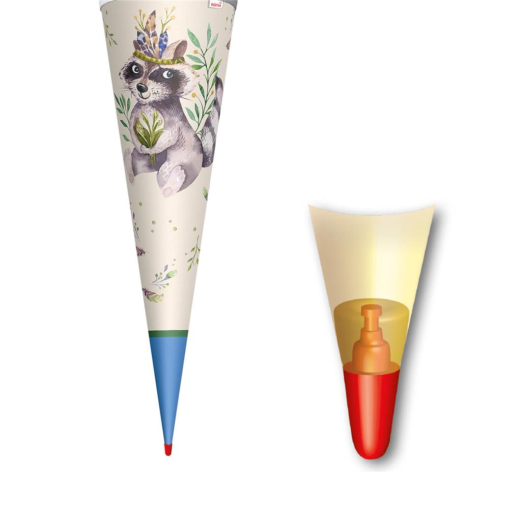 Roth Schultüte Lieblingsstück Willi Waschbär, 70cm, rund, mit Rot(h)-Spitze und grünem Stoff