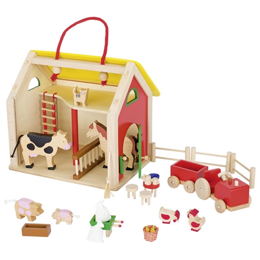 Goki Farmhaus mit Tieren im Koffer 31-teilig, aus Holz