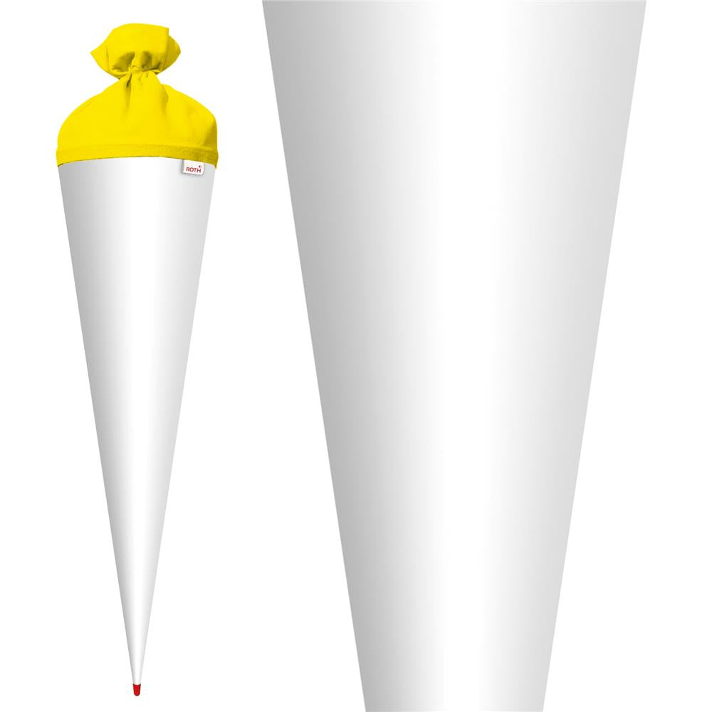 Roth Schultüte-Rohling/Basteltüte, weiß, 70cm, rund, Rot(h)-Spitze, mit Filzverschluss (gelb)