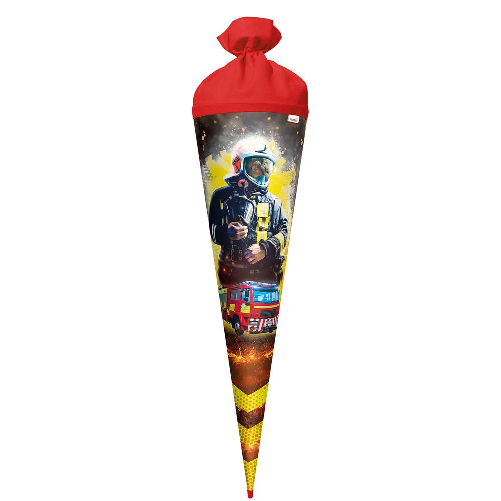 Roth Schultüte Feuerwehrmann, 70cm, rund, mit Rot(h)-Spitze und rotem Filzverschluss