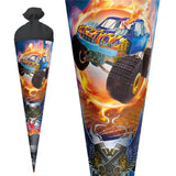 Roth Schultüte Monstertruck Fire, 70cm, rund, Rot(h)-Spitze, Filzverschluss, Folieneffekt