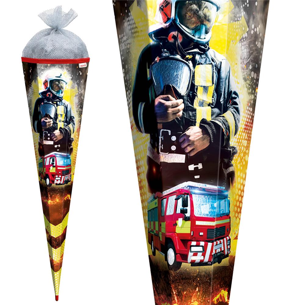 Roth Schultüte Feuerwehrmann, 85cm, eckig, Rot(h)-Spitze, Tüllverschluss (Silbertüll), Folieneffekt