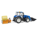 Bruder 02187 - New Holland T5.120 mit Frontlader, Ladekasten, Gabeln und Rundballen, 1:16, Traktor