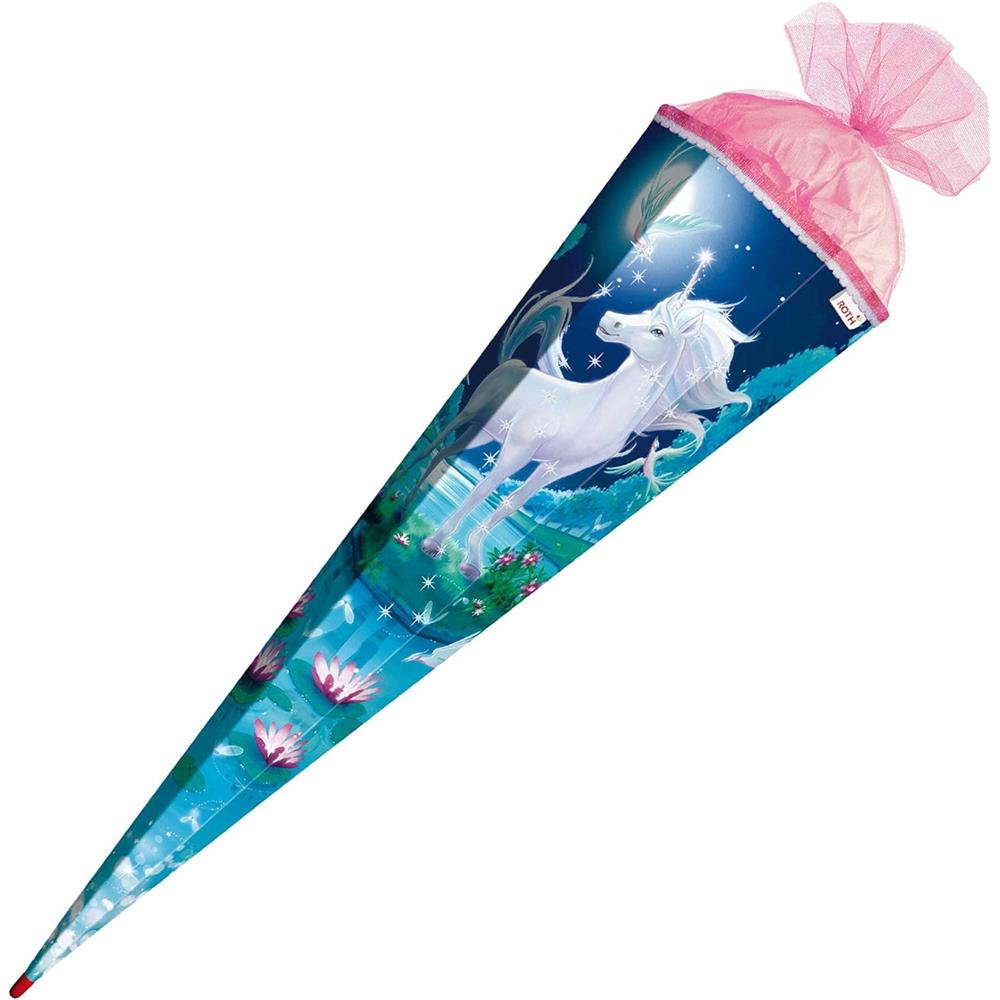 Roth Schultüte Mondscheineinhorn mit Glitter, 85cm, eckig, mit Rot(h)-Spitze und rosa Tüllverschluss