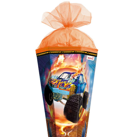 Roth Schultüte Monstertruck Fire, 85cm, eckig, Rot(h)-Spitze, Tüllverschluss, Folieneffekt