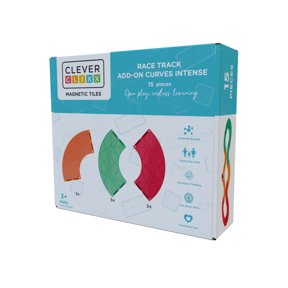 Cleverclixx Autobahn-Bausatz Erweiterungsset 15 Kurven Knallfarben, Rennstrecke, magnetische Bausteine