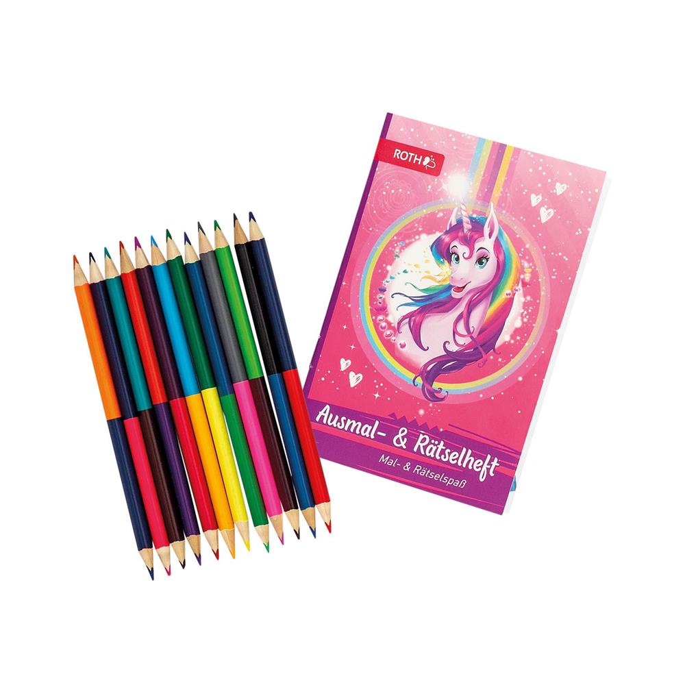 Roth Ausmalbuch und Buntstifte Einhornportrait, Mal-/Rätselbuch mit 12 zweifarbigen Buntstiften