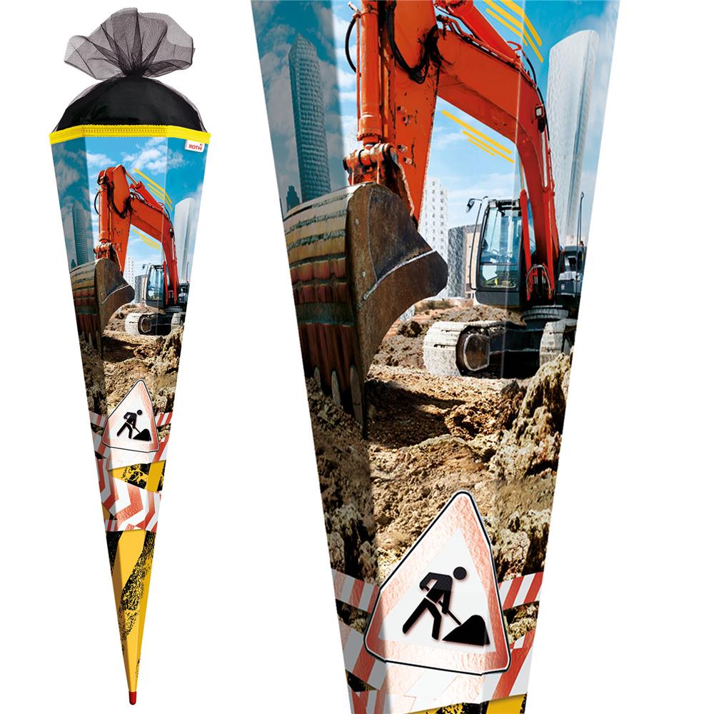 Roth Schultüte Achtung Bagger, 85cm, eckig, Rot(h)-Spitze, Tüllverschluss, Folieneffekt