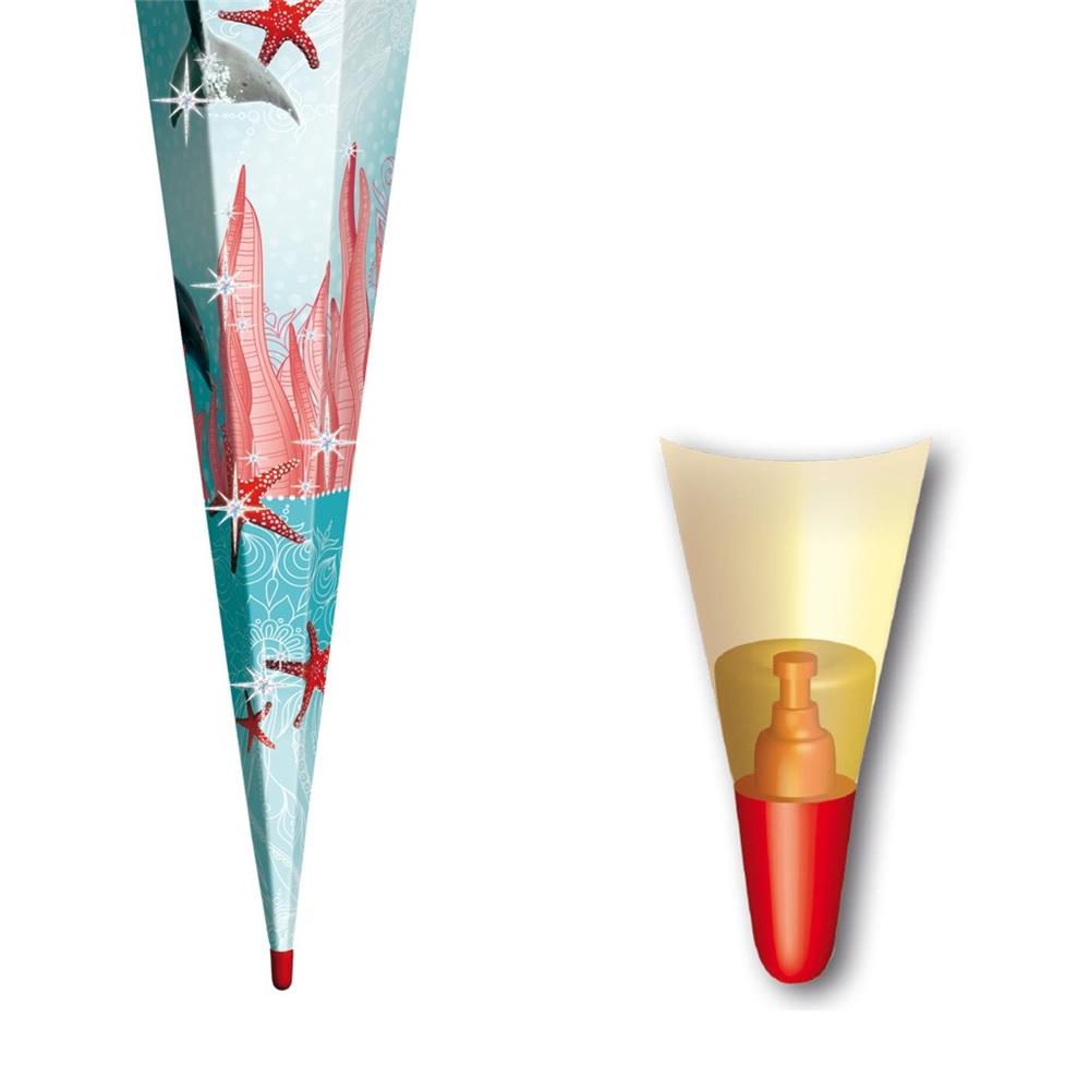 Roth Schultüte Delfin mit Seesternen, 85cm, eckig, Rot(h)-Spitze, Tüllverschluss, Glitter, Glitzerborte