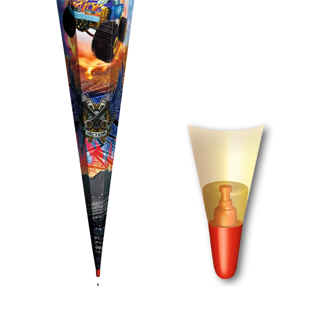 Roth Schultüte Monstertruck Fire, 85cm, eckig, Rot(h)-Spitze, Tüllverschluss