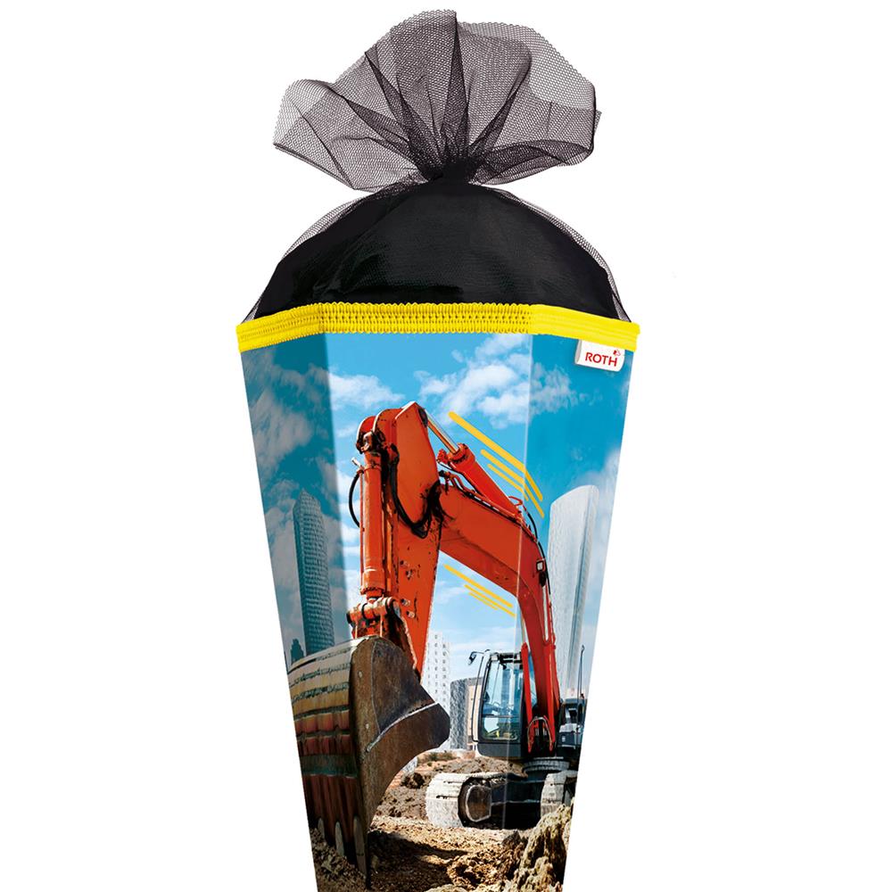 Roth Schultüte Achtung Bagger, 85cm, eckig, Rot(h)-Spitze, Tüllverschluss, Folieneffekt