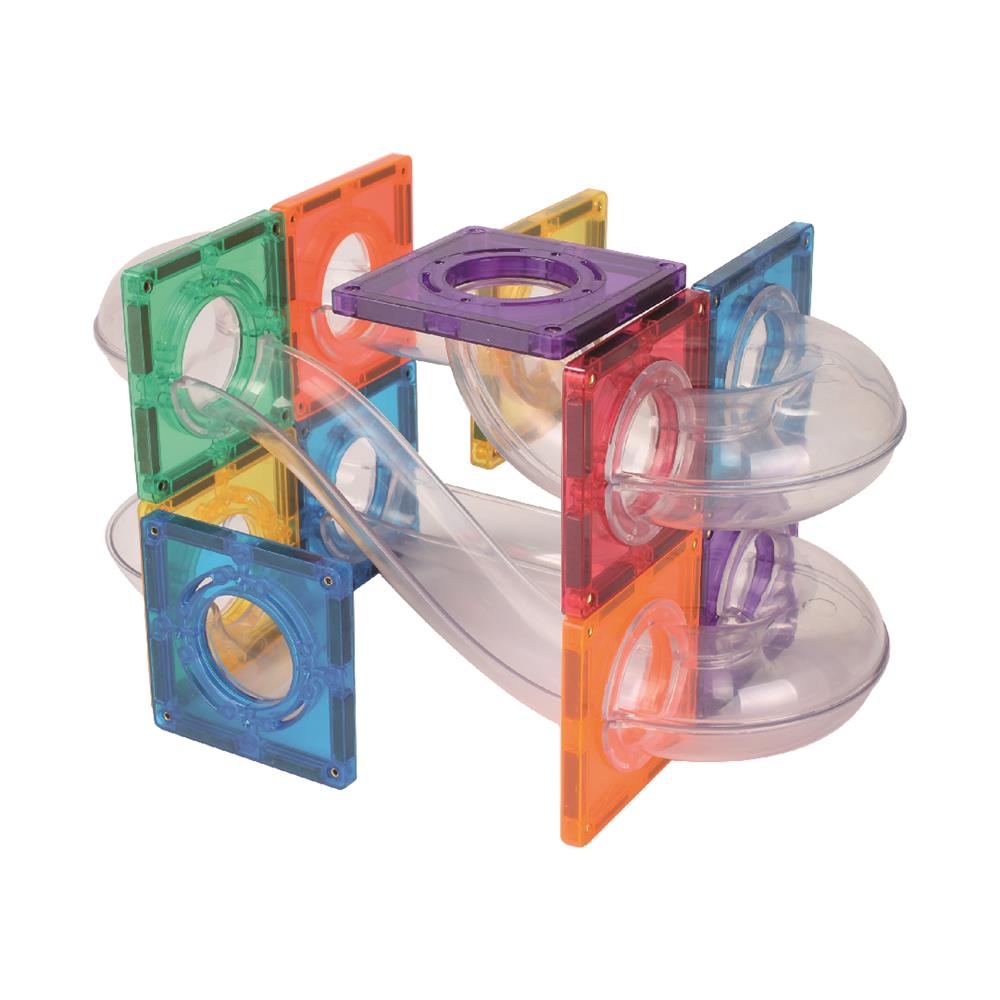 Cleverclixx Kugelbahn Kompakt-Bausatz Knallfarben 60 Teile, Erweiterungsset, Murmelbahn, Magnetspielzeug