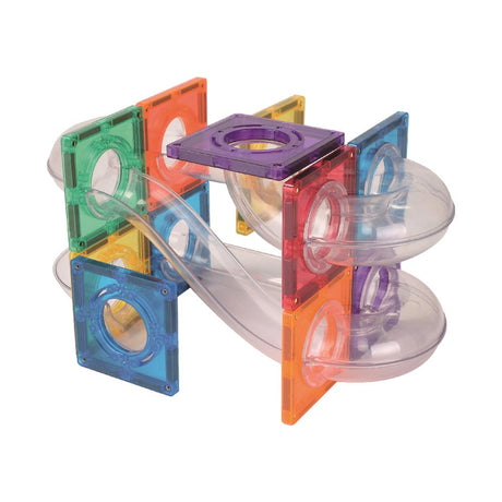 Cleverclixx Kugelbahn Kompakt-Bausatz Knallfarben 60 Teile, Erweiterungsset, Murmelbahn, Magnetspielzeug