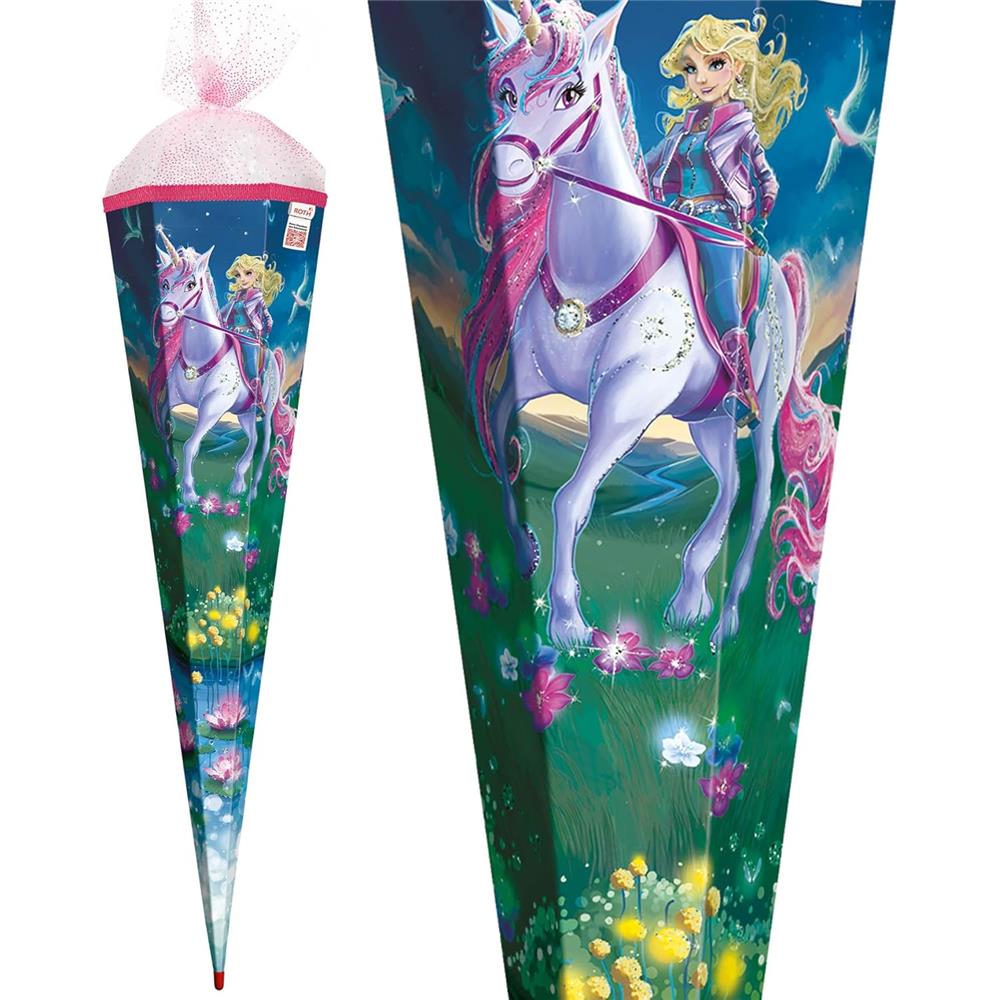 Roth Schultüte Magische Einhornreiterin, 85cm, eckig, Rot(h)-Spitze, Tüllverschluss, Glitzer