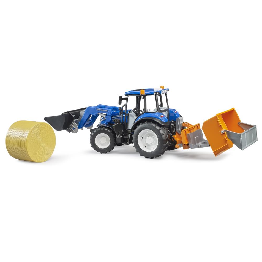 Bruder 02187 - New Holland T5.120 mit Frontlader, Ladekasten, Gabeln und Rundballen, 1:16, Traktor